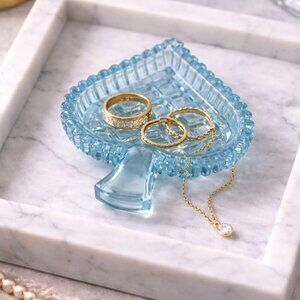 Vintage Blue Glass Heart-Shaped Trinket Dish With Textured Diamond Pattern For J